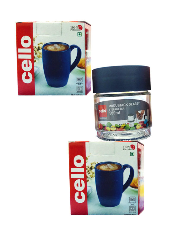 Cello Tea / Coffee Mug Set 2 Mugs 300ML and Storage JAR 500ML