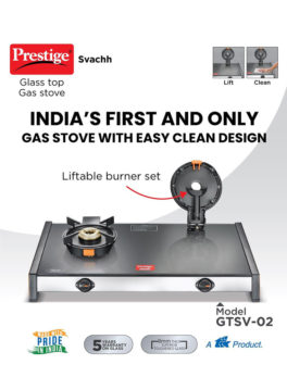 Prestige Gas Stove with Easy Clean Design Svachh Glass Top With Liftable 2 Burner Set