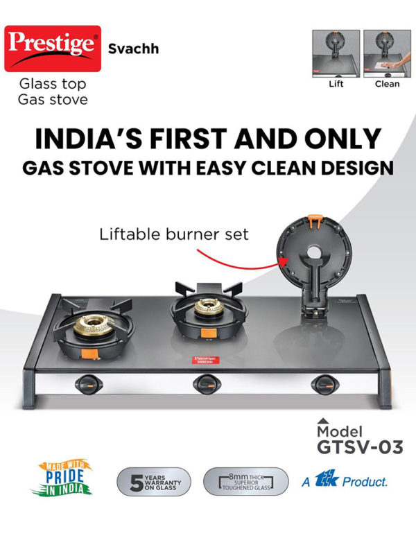 Prestige Gas Stove with Easy Clean Design Svachh Glass Top With