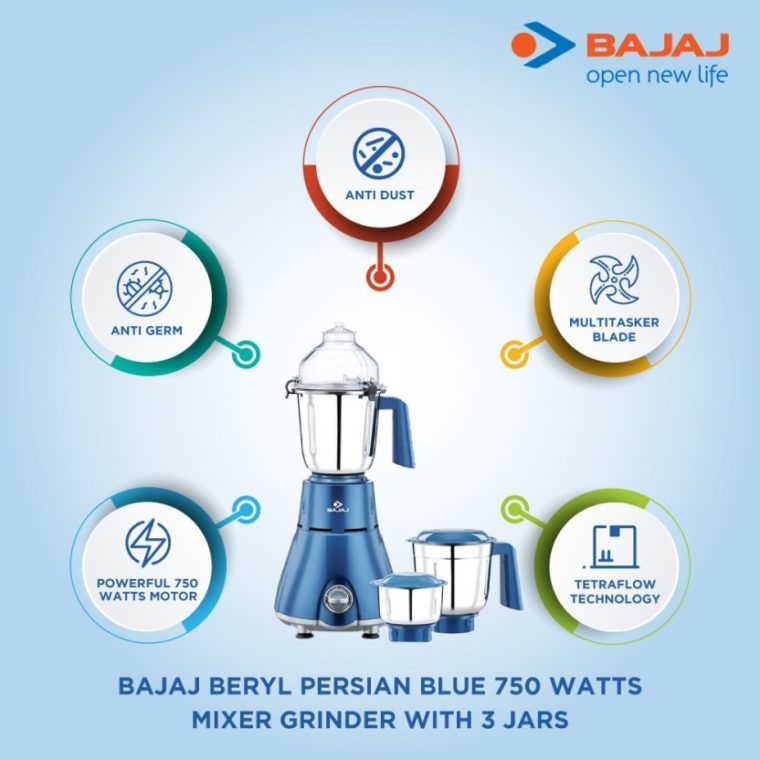 Bajaj Beryl Persian Blue Mixer Grinder 750 Watts, 3 JARS