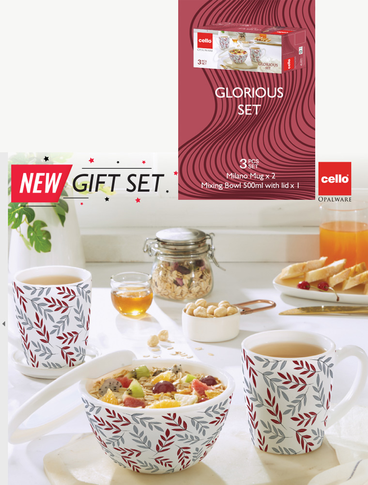 Cello New Gift Set - Glorious Set, 2 Milano Mugs and 500ml Mixing Bowl with Lid