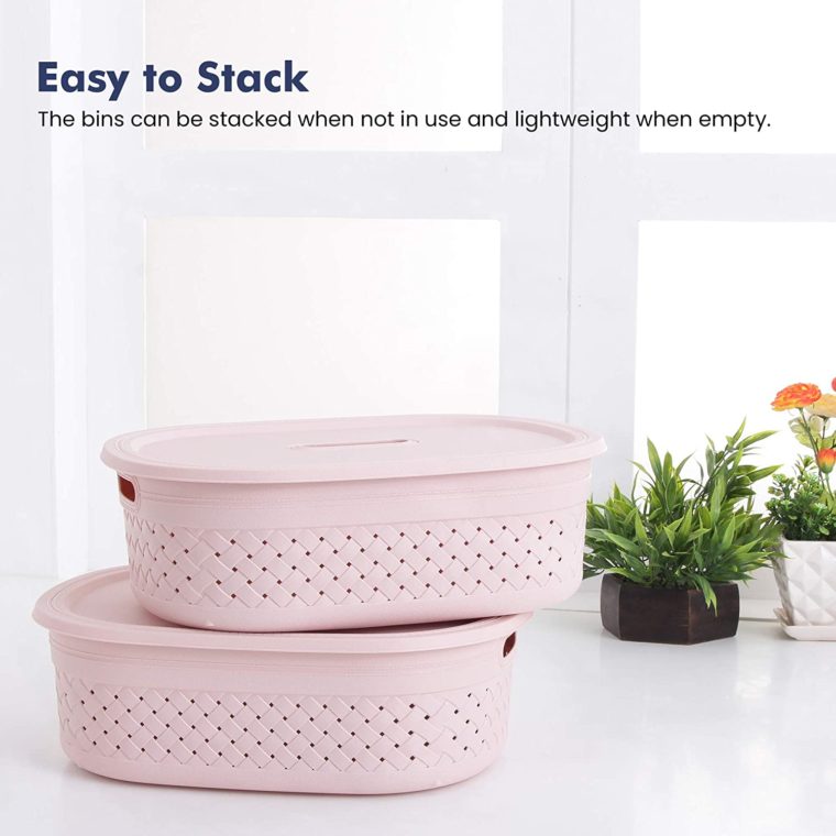 Kolorr Plastic Stitch Baskets with Lid for Home Storage Set of 4