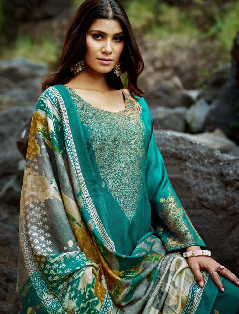 Pure Woolen Pashmina Suit with Swaroski Work Teal