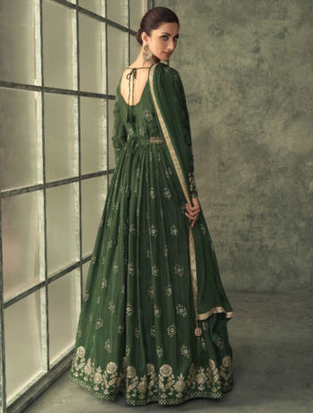 Viscose Silk Embroidered Party Gown Green