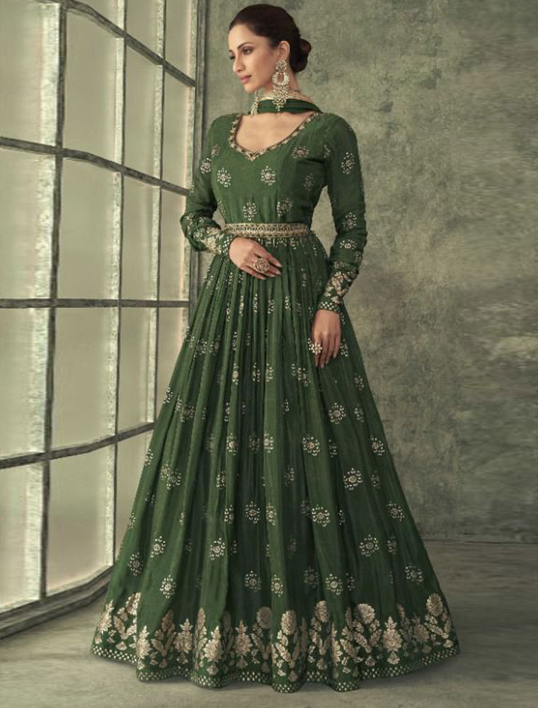 Viscose Silk Embroidered Party Gown Green