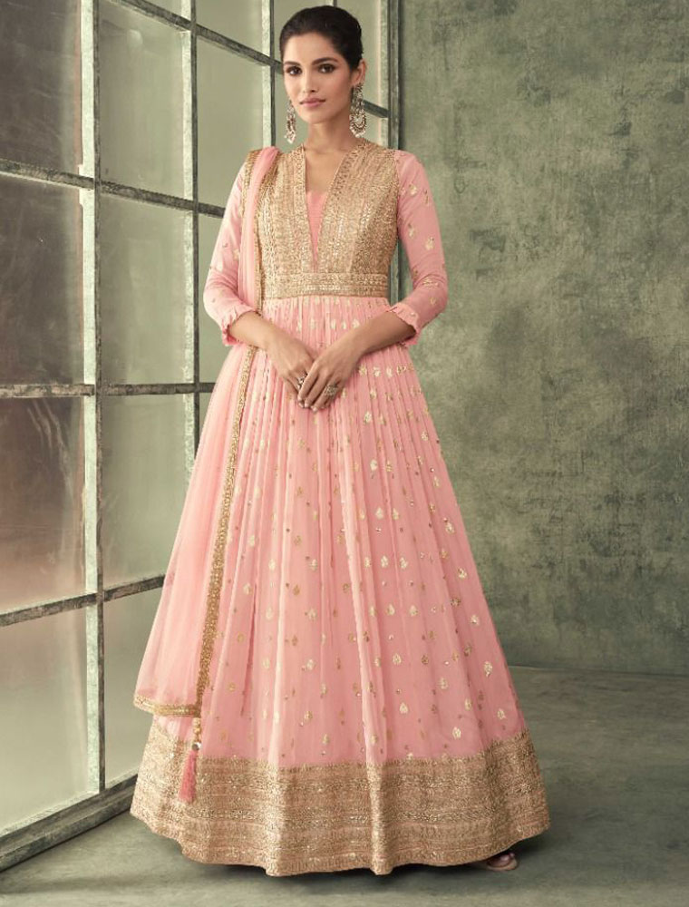 Viscose Silk Embroidered Party Gown Rose - KhuranasMart.com