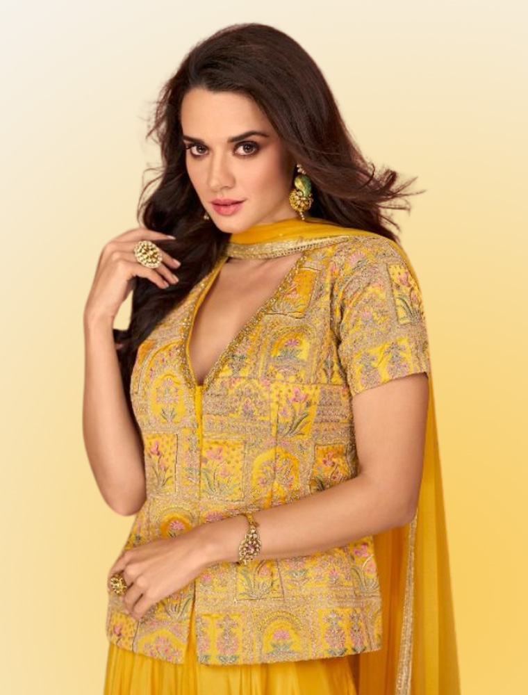 Western Fusion Party Wear Dress Gold - KhuranasMart.com