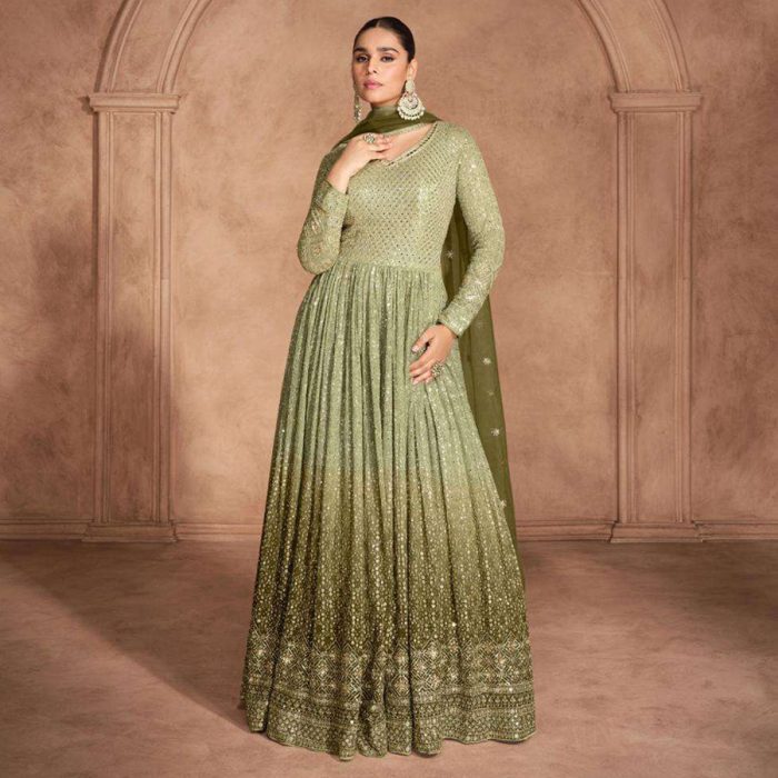 Real Georgette Embroidered Gown Dress Olive