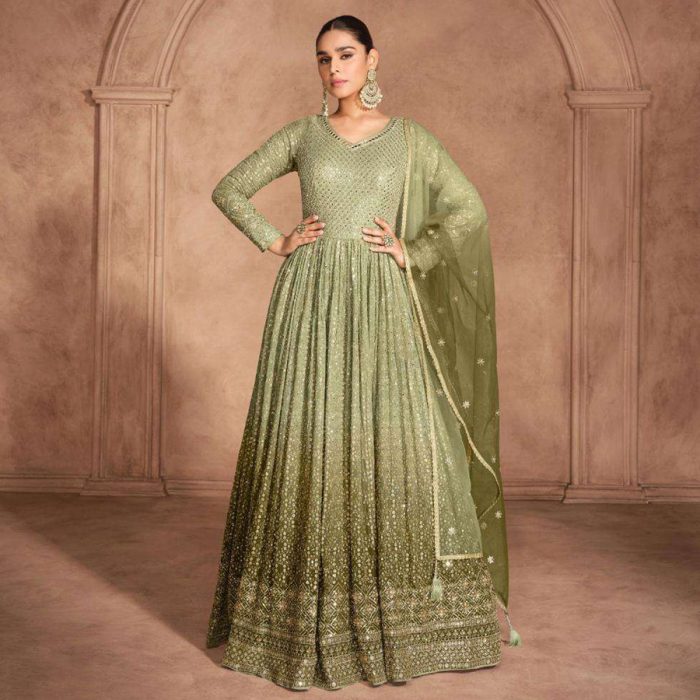 Real Georgette Embroidered Gown Dress Olive